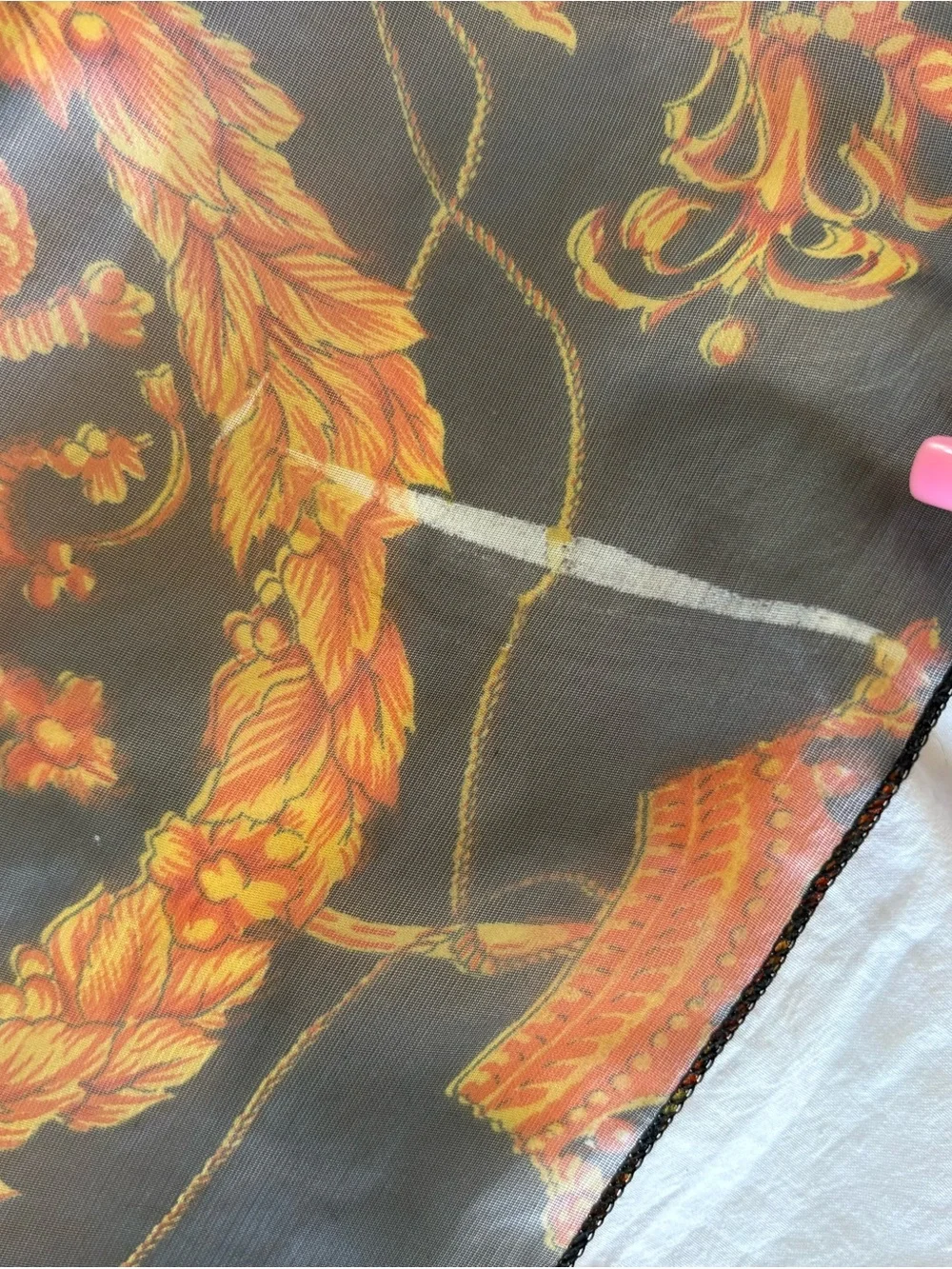 Peacock Silk Trading Black Gold Red Crown Crest Scarf Floral See Through Vintage
